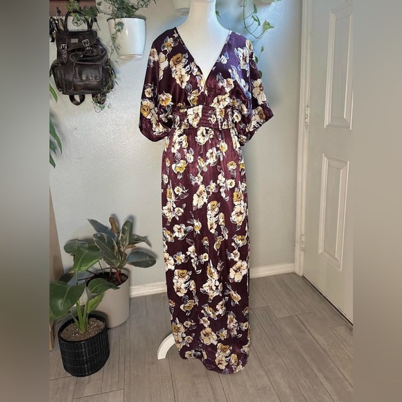 She + Sky Burgundy Floral Maxi Dress – Size Small – Smocked Waist & Side Slits - Picture 1 of 8
